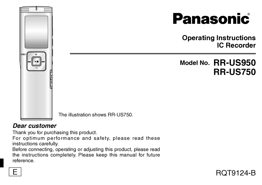 Panasonic RR-US750 manual Operating Instructions IC Recorder, Model No. RR-US950 