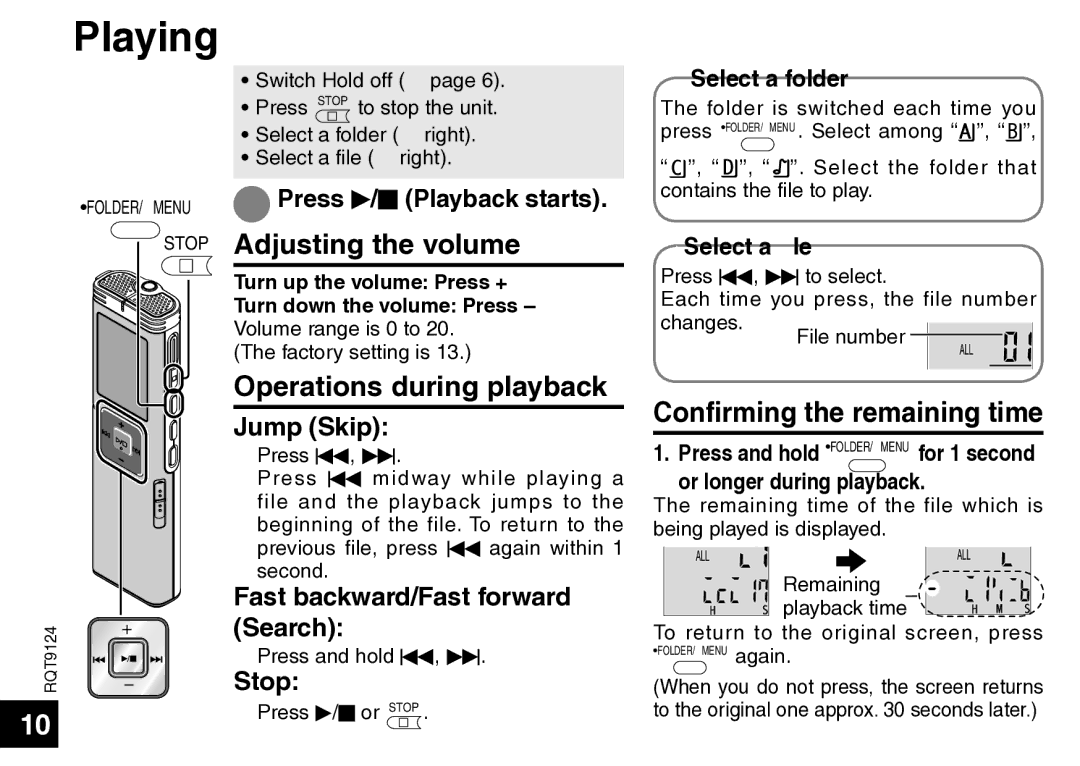 Panasonic RR-US750, RR-US950 manual Playing, Adjusting the volume, Operations during playback, Confirming the remaining time 