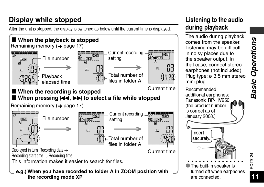 Panasonic RR-US950, RR-US750 manual Display while stopped, When the playback is stopped, When the recording is stopped 