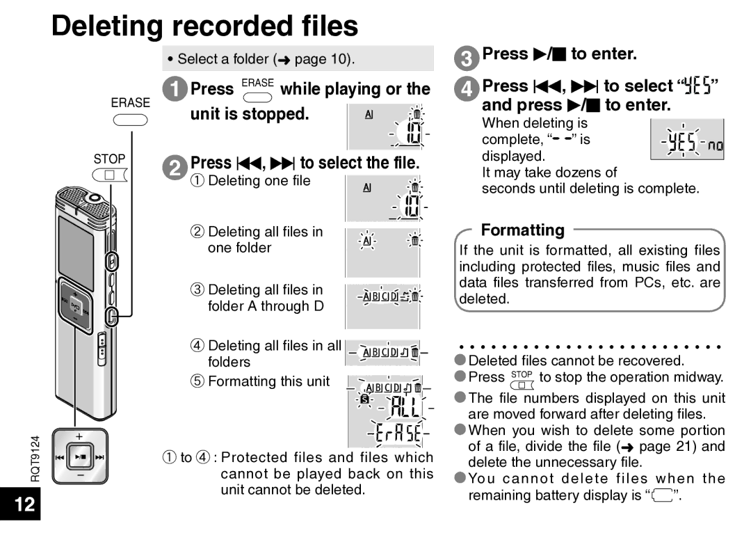 Panasonic RR-US750 Deleting recorded files, Press Erase while playing or, Unit is stopped, Press u, i to select the file 