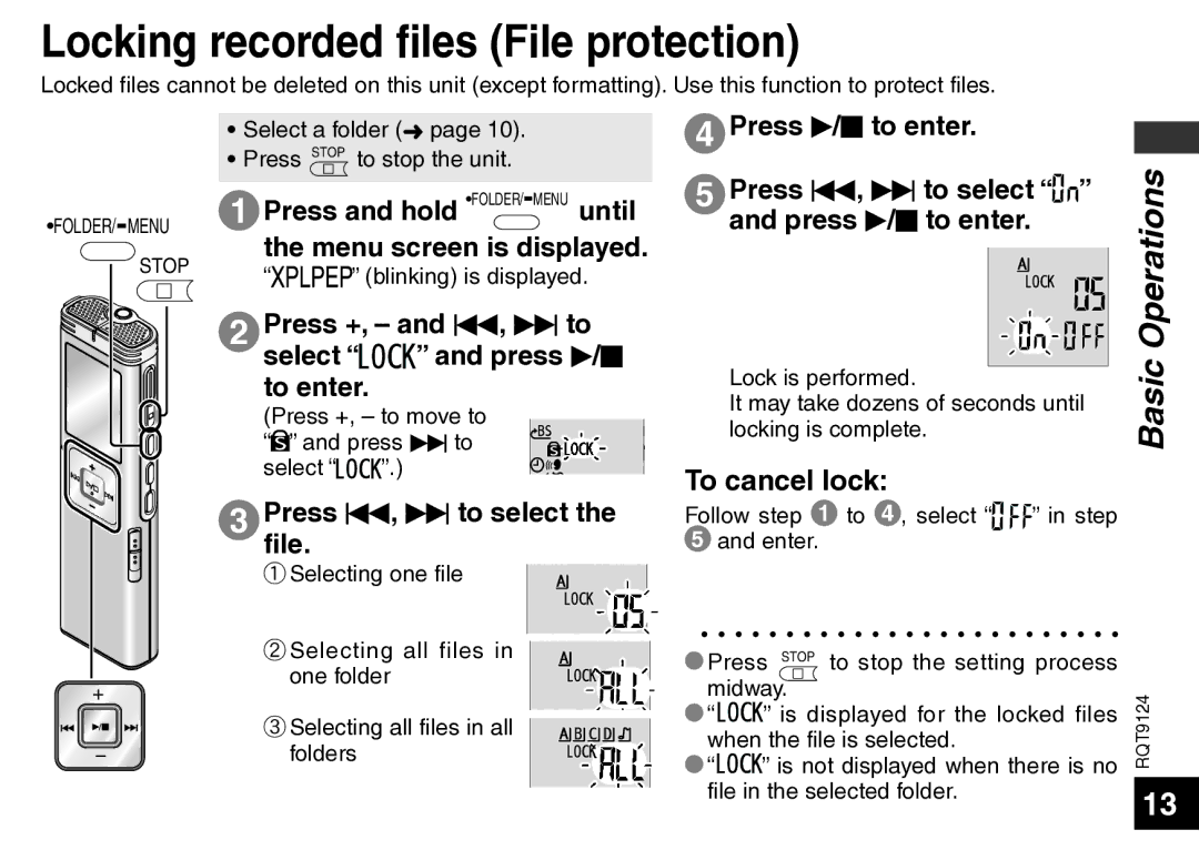 Panasonic RR-US950, RR-US750 Locking recorded files File protection, Press +, and u, i to select and press q/g To enter 