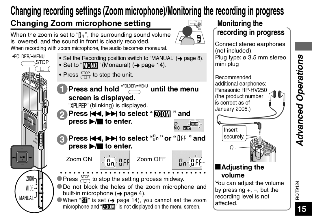 Panasonic RR-US950, RR-US750 Changing Zoom microphone setting Monitoring, Recording in progress, GAdjusting the volume 