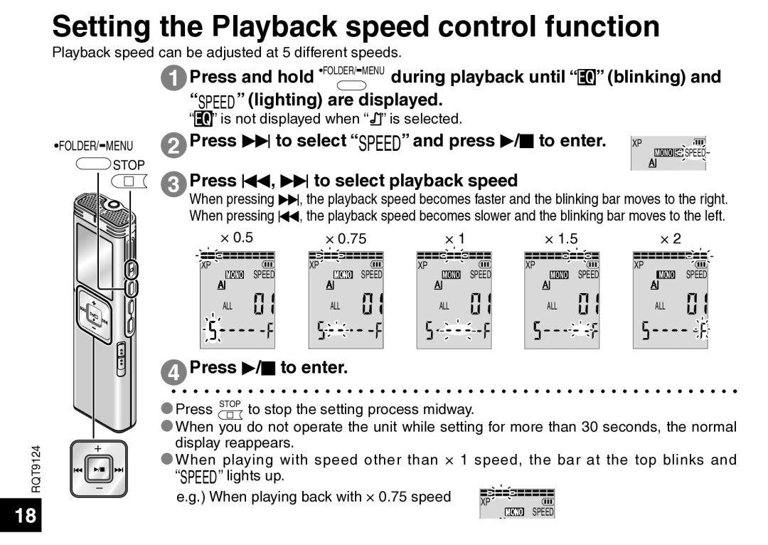 Panasonic RR-US750, RR-US950 manual Setting the Playback speed control function, Speed lighting are displayed 