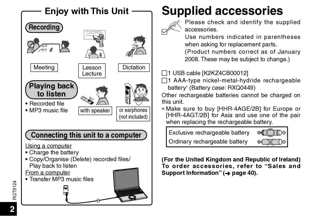 Panasonic RR-US750, RR-US950 Supplied accessories, Recording, Playing back To listen, Connecting this unit to a computer 