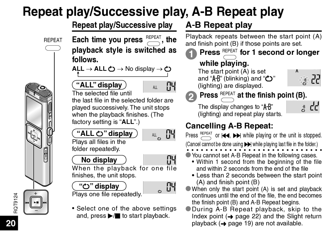 Panasonic RR-US750 manual Repeat play/Successive play, A-B Repeat play, Press Repeat for 1 second or longer While playing 