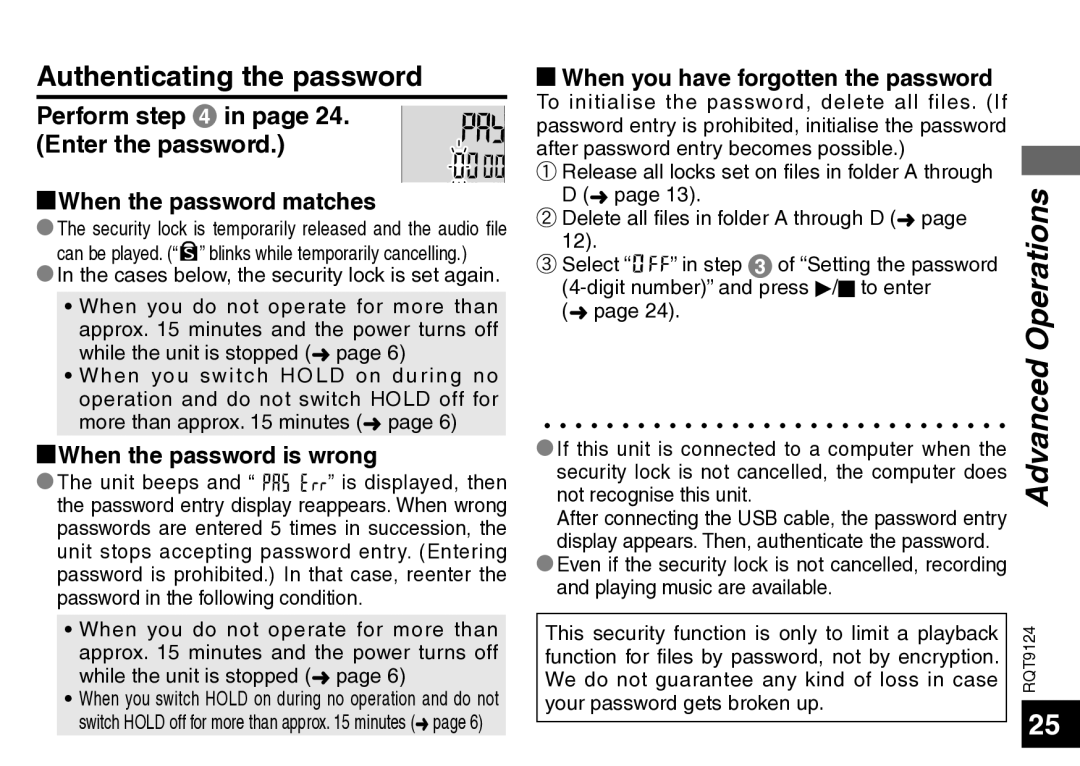 Panasonic RR-US950 manual Authenticating the password, Perform in page 24. Enter the password, GWhen the password matches 