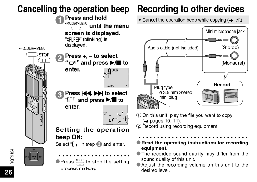 Panasonic RR-US750 Press and hold, Screen is displayed, Press +, to select, Press q/g to, Setting the operation beep on 