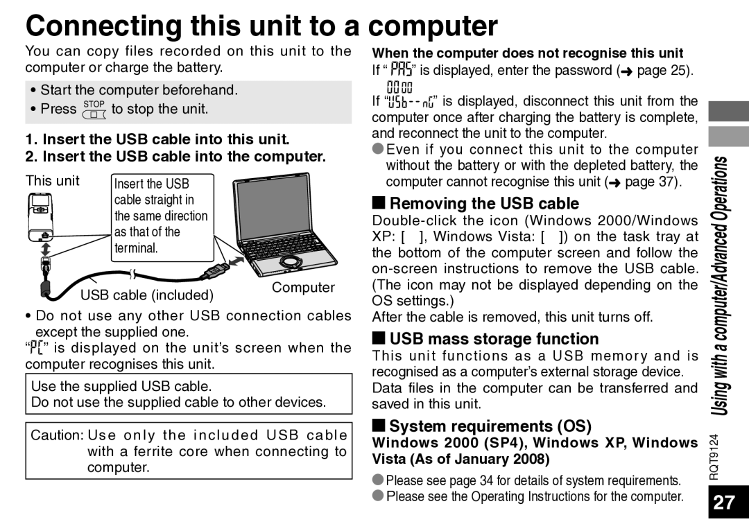 Panasonic RR-US950, RR-US750 manual Connecting this unit to a computer, Removing the USB cable, USB mass storage function 