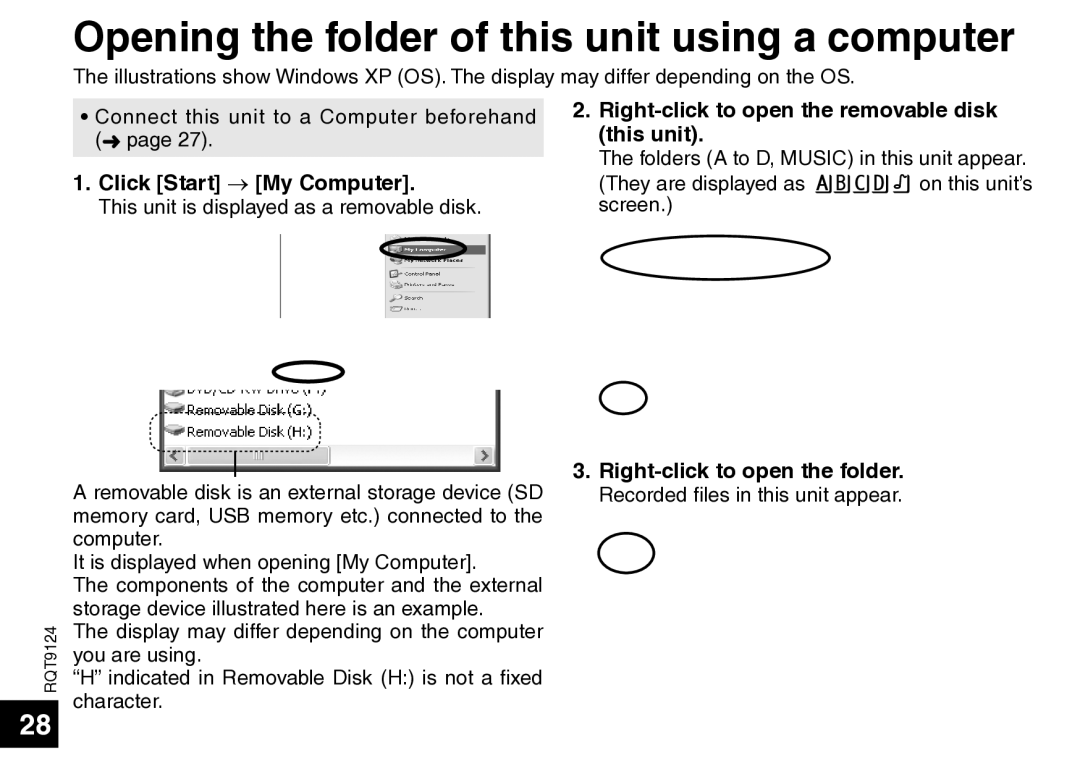 Panasonic RR-US750, RR-US950 manual Opening the folder of this unit using a computer, Click Start → My Computer 