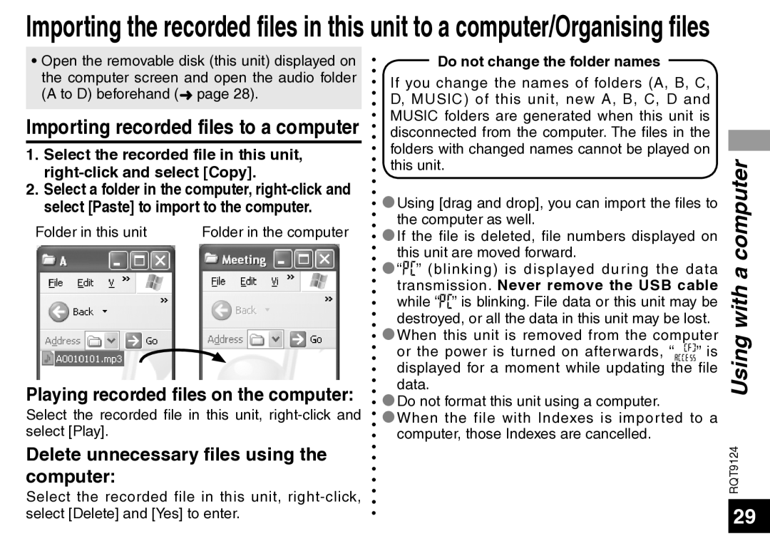 Panasonic RR-US950, RR-US750 manual Importing recorded files to a computer, Playing recorded files on the computer 