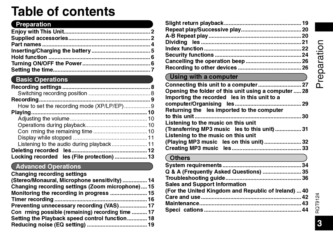 Panasonic RR-US950, RR-US750 manual Table of contents 