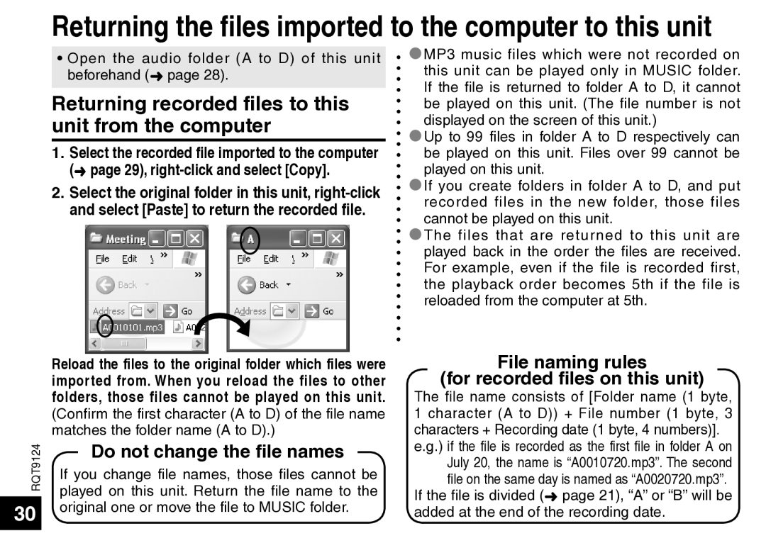 Panasonic RR-US750, RR-US950 manual Returning recorded files to this unit from the computer, Do not change the file names 