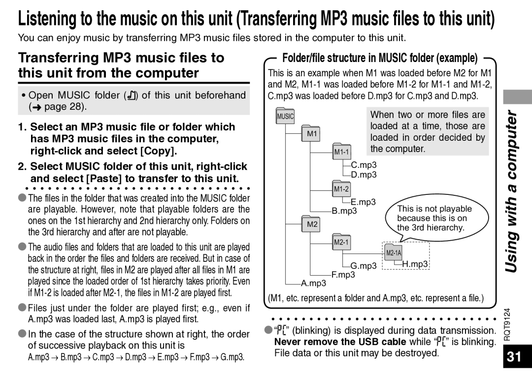 Panasonic RR-US950, RR-US750 manual Computer, Transferring MP3 music files to this unit from the computer 