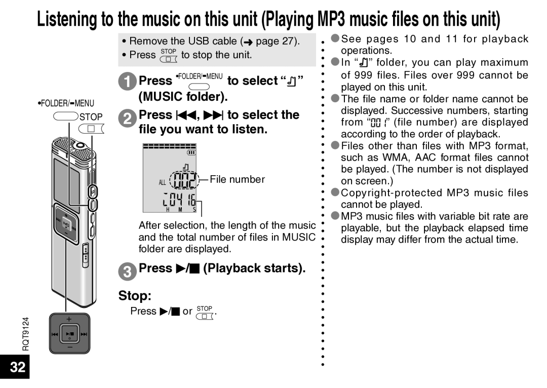 Panasonic RR-US750, RR-US950 manual Press q/g Playback starts Stop 