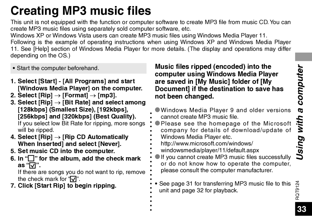 Panasonic RR-US950, RR-US750 manual Creating MP3 music files, Click Start Rip to begin ripping 