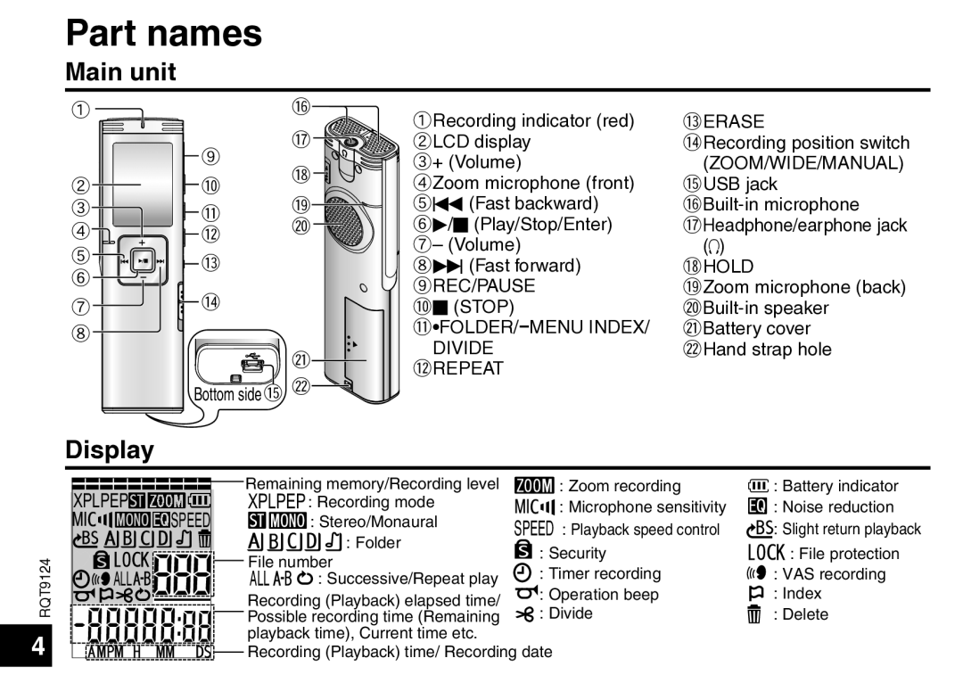 Panasonic RR-US750, RR-US950 manual Part names, Main unit, Display 