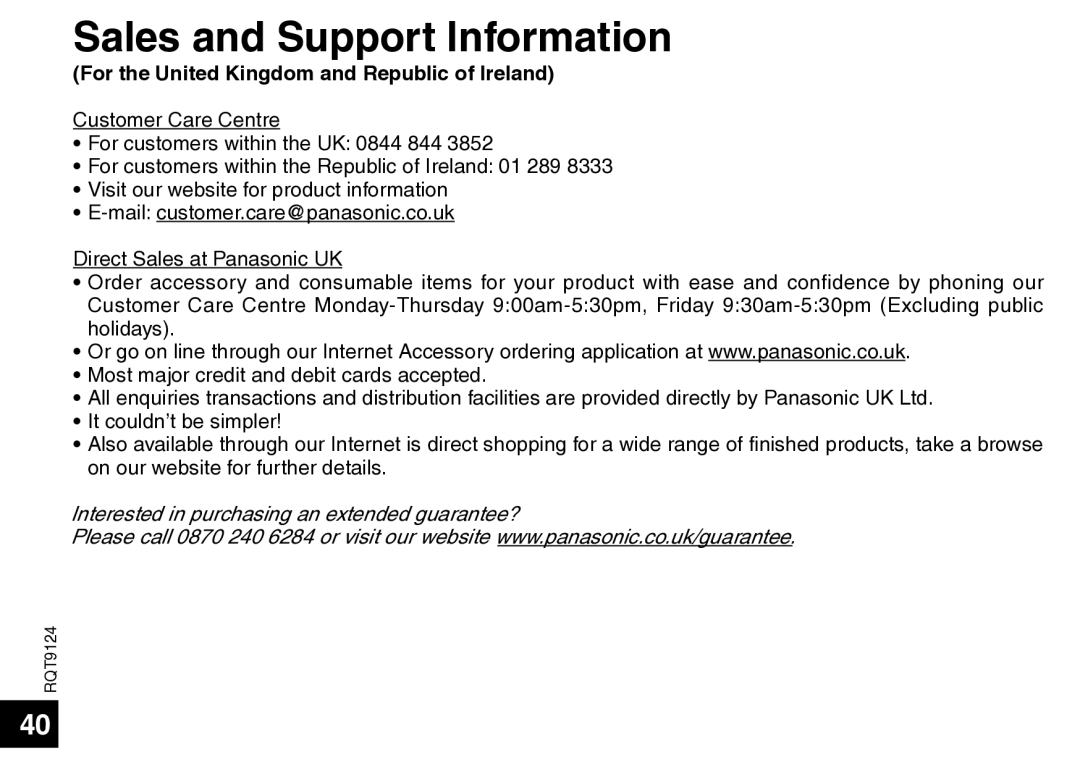 Panasonic RR-US750, RR-US950 manual Sales and Support Information, For the United Kingdom and Republic of Ireland 