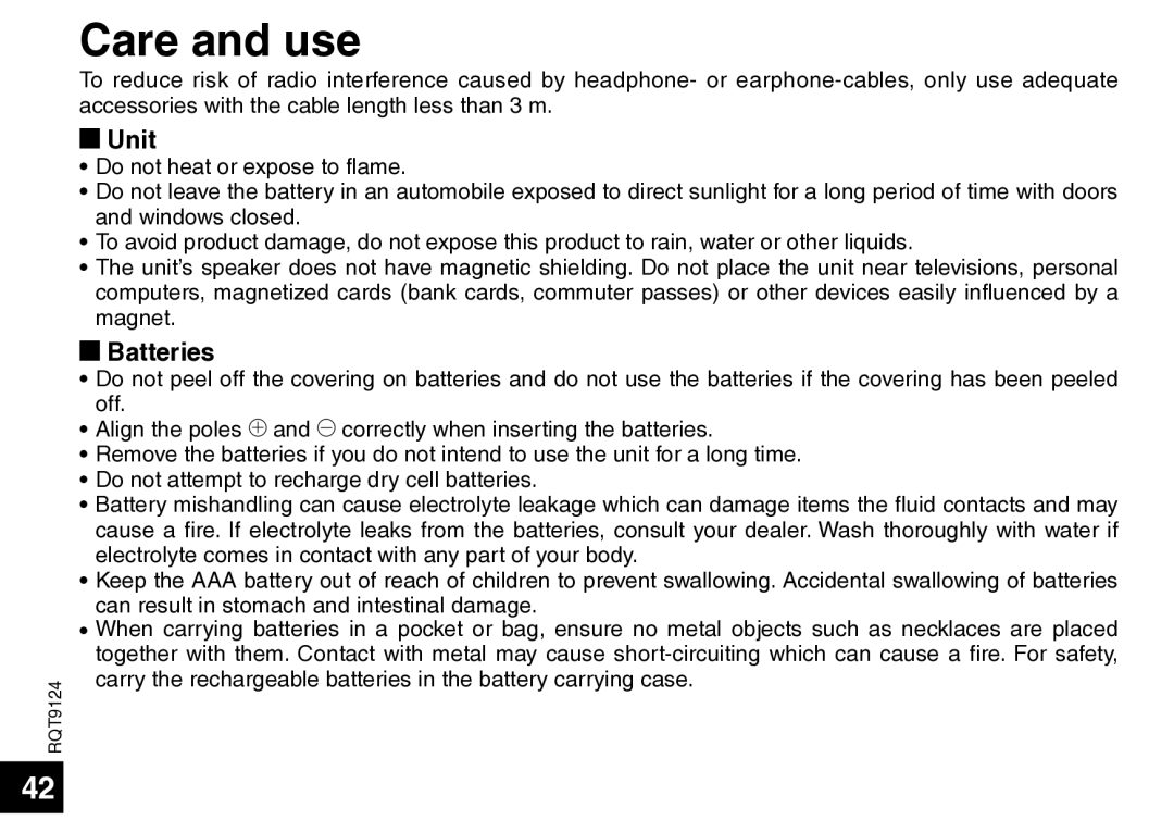 Panasonic RR-US750, RR-US950 manual Care and use, Unit, Batteries 