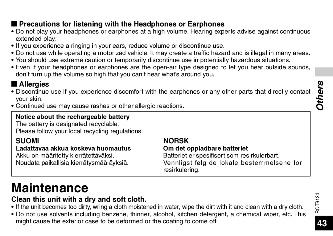 Panasonic RR-US950, RR-US750 manual Maintenance, Precautions for listening with the Headphones or Earphones, Allergies 