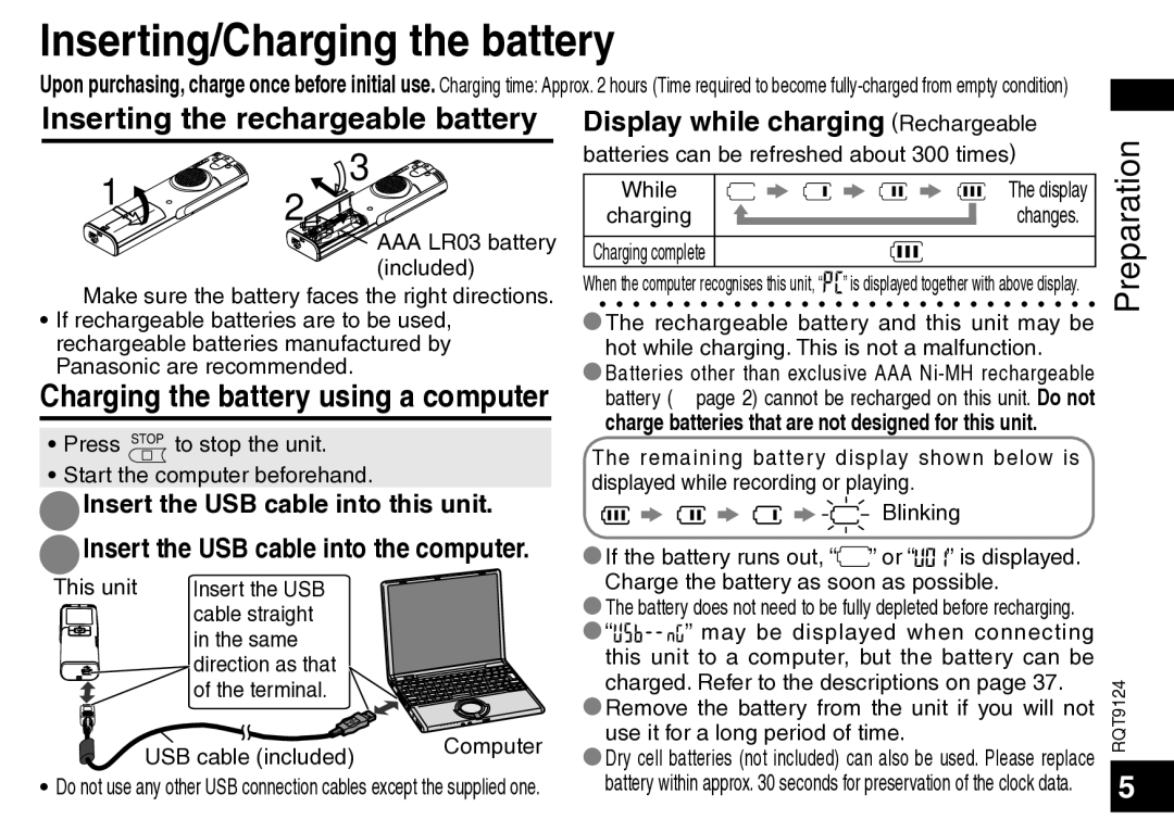 Panasonic RR-US950, RR-US750 manual Inserting/Charging the battery, Inserting the rechargeable battery 