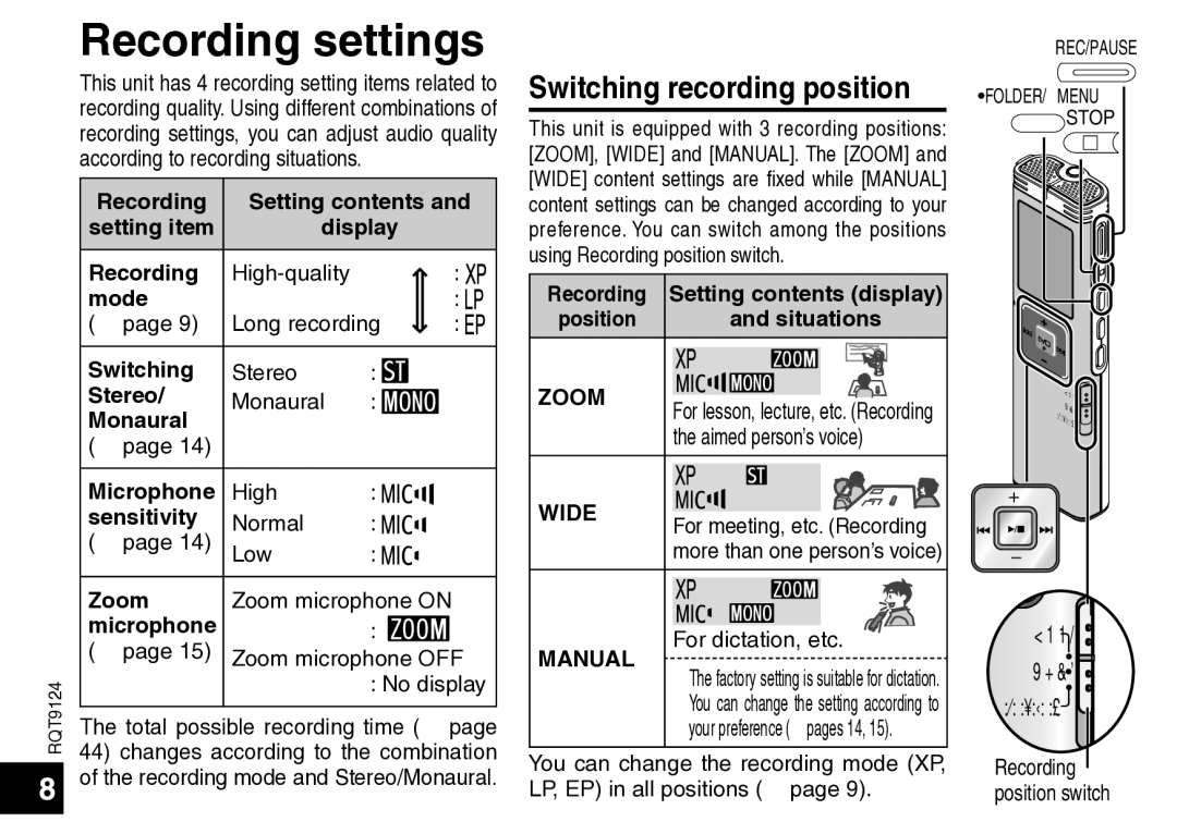 Panasonic RR-US750, RR-US950 manual Recording settings, Switching recording position 