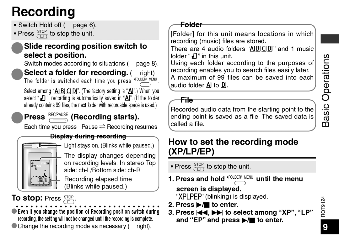 Panasonic RR-US950 Recording, How to set the recording mode XP/LP/EP, Slide recording position switch to select a position 