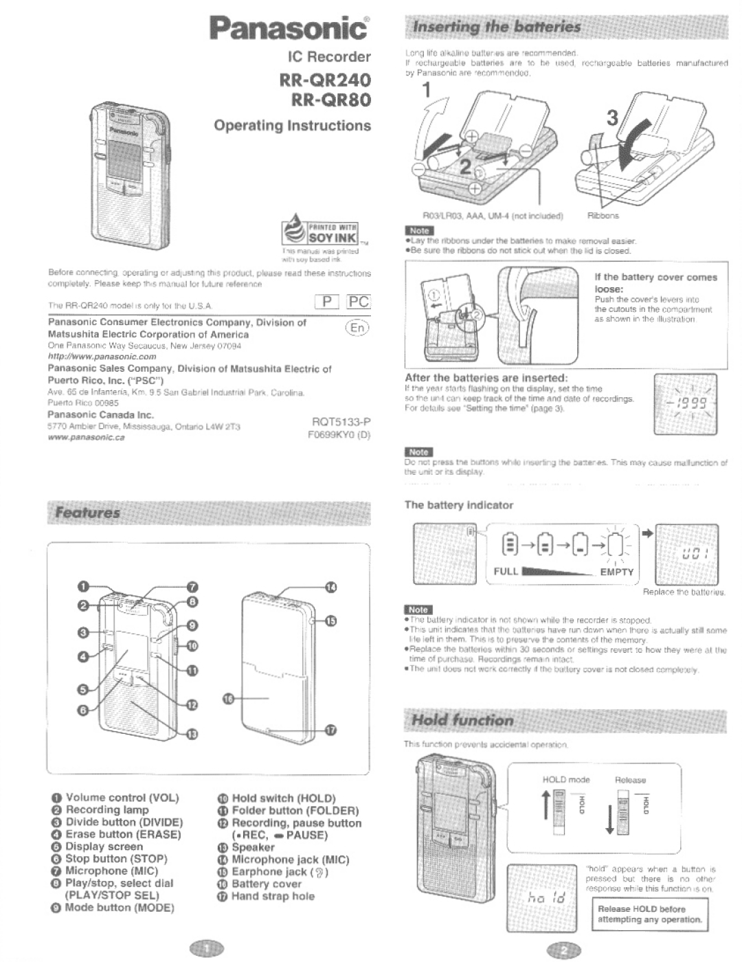 Panasonic RRQR80, RRQR240 manual 