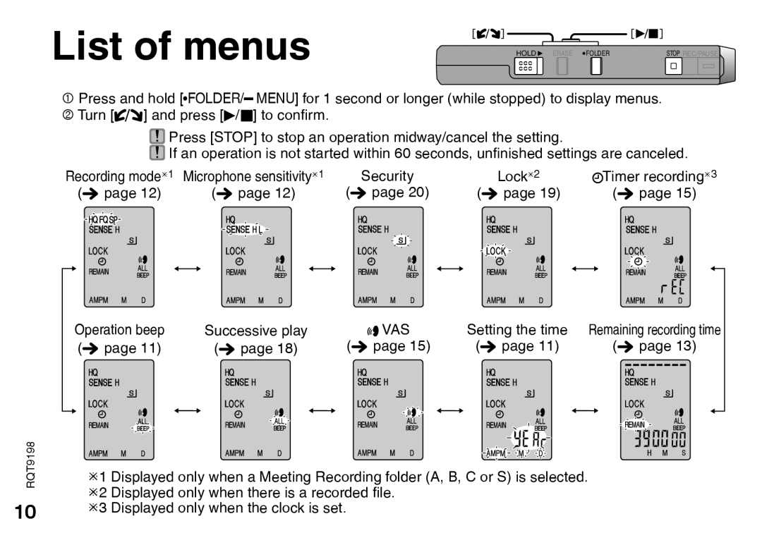 Panasonic RRQR270, RQT9198 warranty List of menus, Vas 