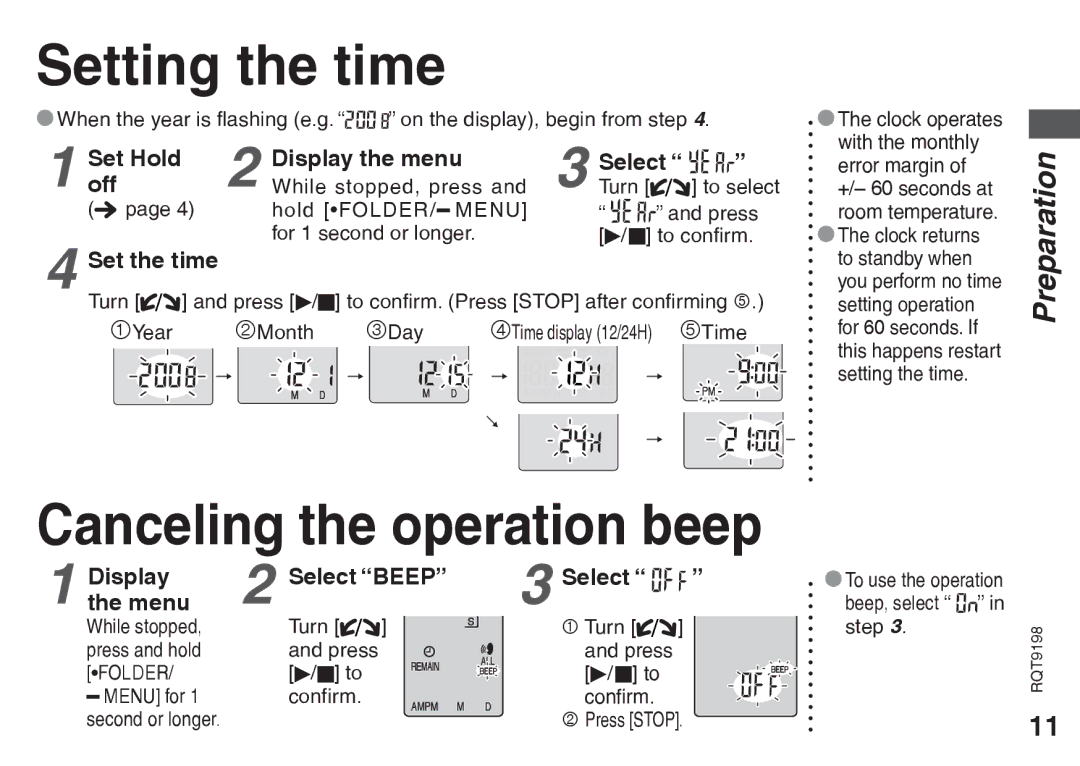 Panasonic RQT9198 Setting the time, Canceling the operation beep, Set Hold Display the menu Select Off, Set the time 