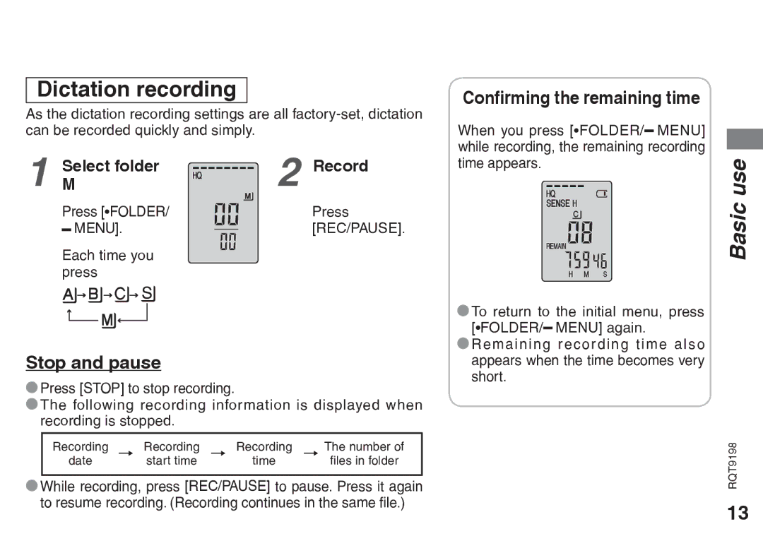 Panasonic RQT9198, RRQR270 warranty Stop and pause, Confirming the remaining time, MSelect folder Record, Menu REC/PAUSE 