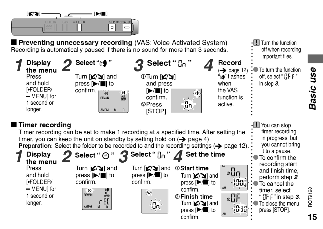 Panasonic RQT9198 Preventing unnecessary recording VAS Voice Activated System, Timer recording, Select Set the time 