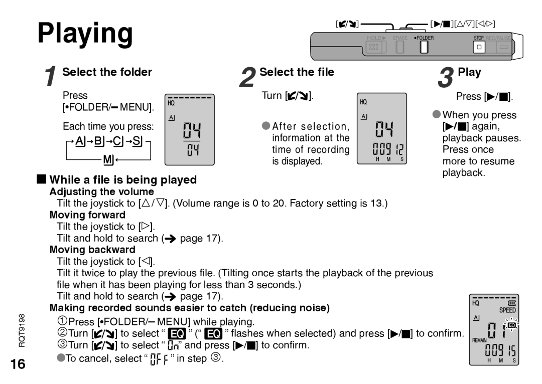 Panasonic RRQR270, RQT9198 warranty Playing, Select the folder, While a file is being played 