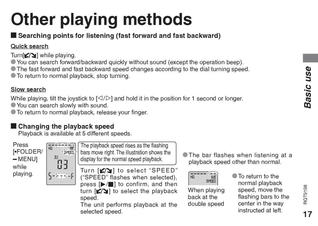 Panasonic RQT9198, RRQR270 warranty Other playing methods, Changing the playback speed, Quick search, Slow search 