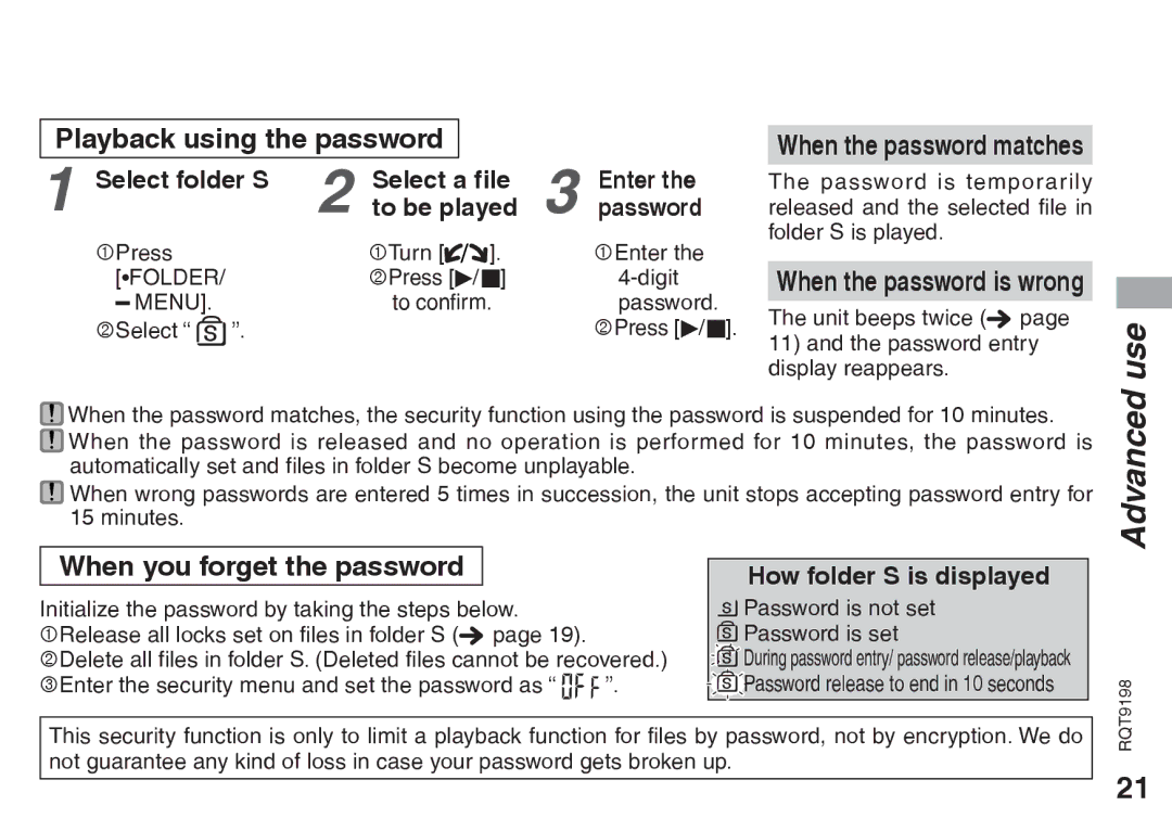 Panasonic RQT9198, RRQR270 Playback using the password, When you forget the password, How folder S is displayed, Menu 