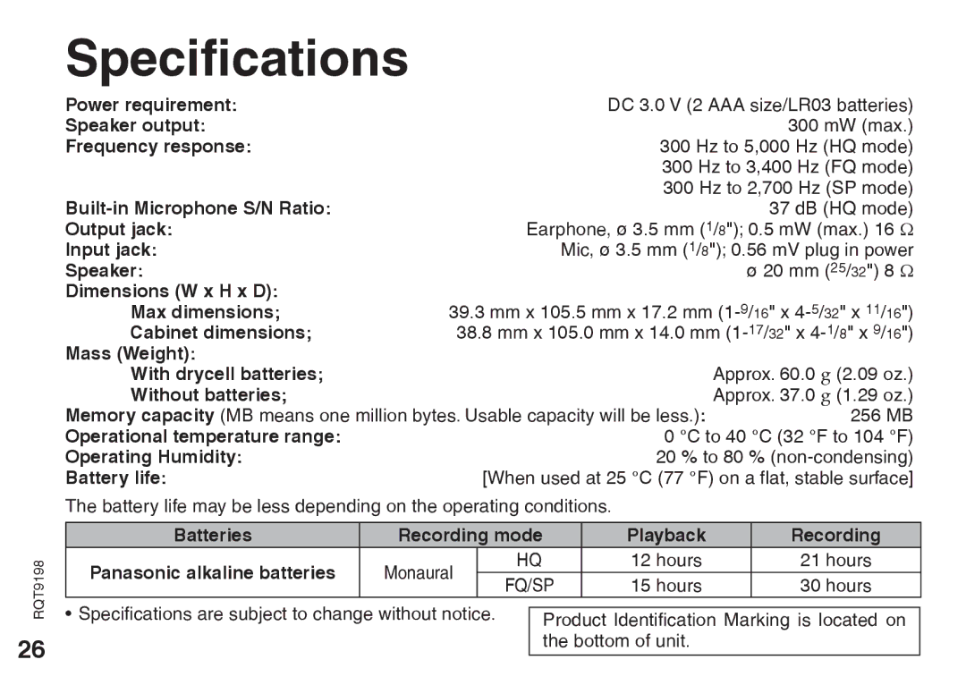 Panasonic RRQR270, RQT9198 warranty Specifications 