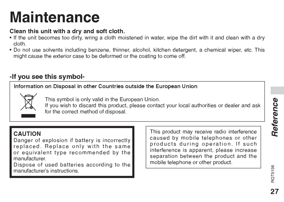 Panasonic RQT9198, RRQR270 warranty Maintenance, If you see this symbol, Clean this unit with a dry and soft cloth 