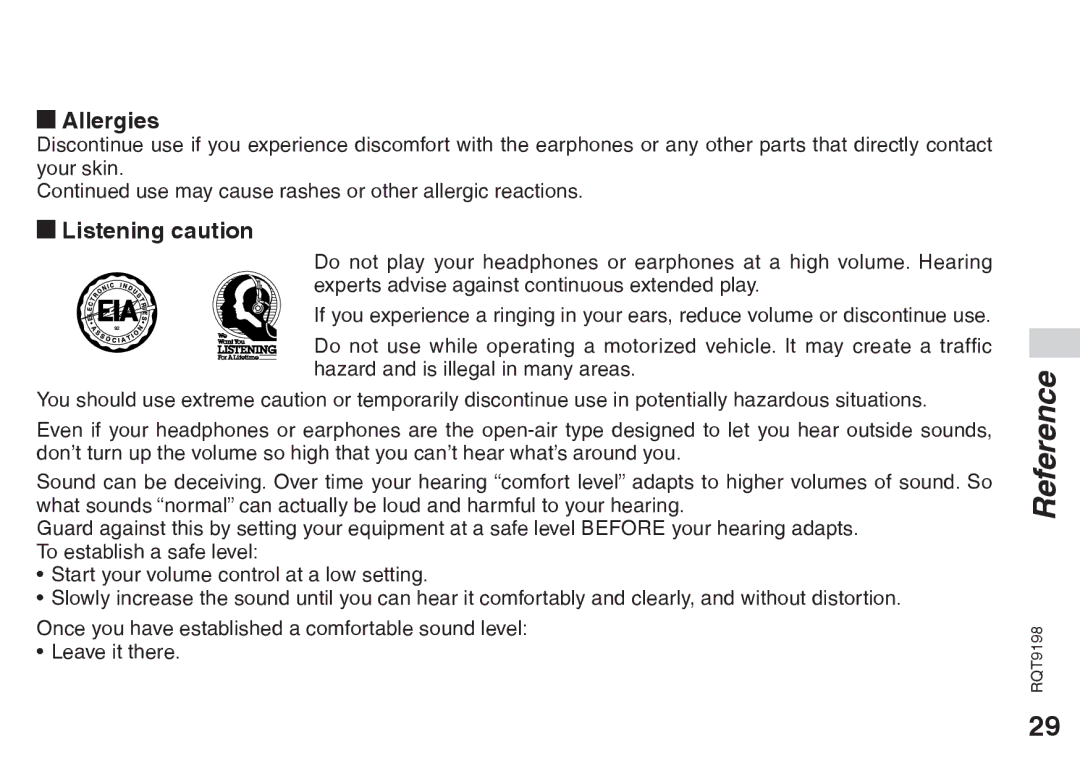 Panasonic RQT9198, RRQR270 warranty Allergies, Listening caution 