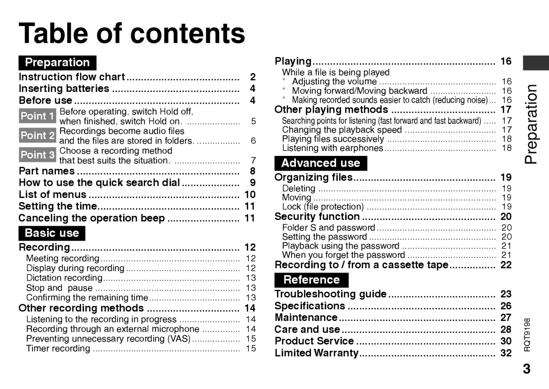 Panasonic RQT9198, RRQR270 warranty Table of contents 