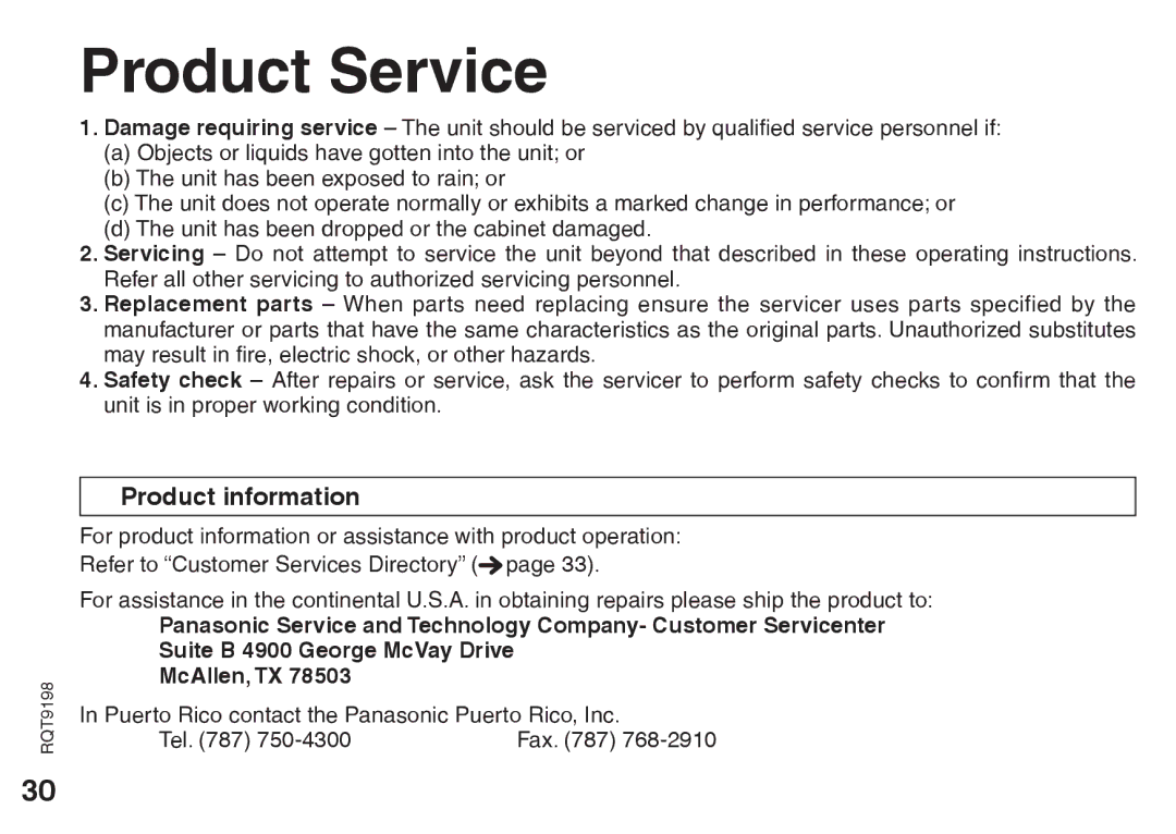 Panasonic RRQR270, RQT9198 warranty Product Service, Product information 