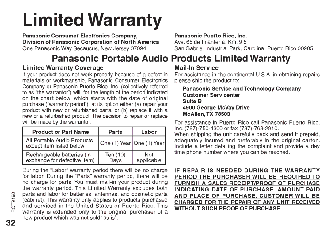 Panasonic RRQR270, RQT9198 warranty Limited Warranty Coverage, Mail-In Service 