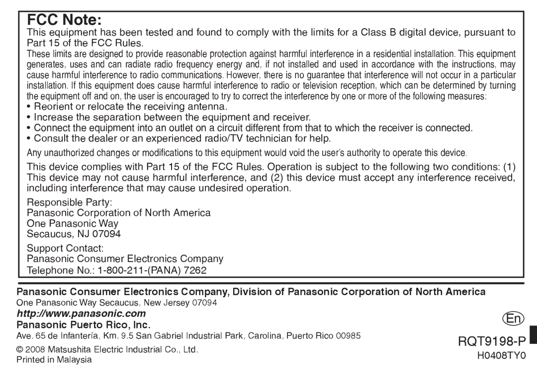 Panasonic RRQR270, RQT9198 warranty FCC Note, Panasonic Puerto Rico, Inc 