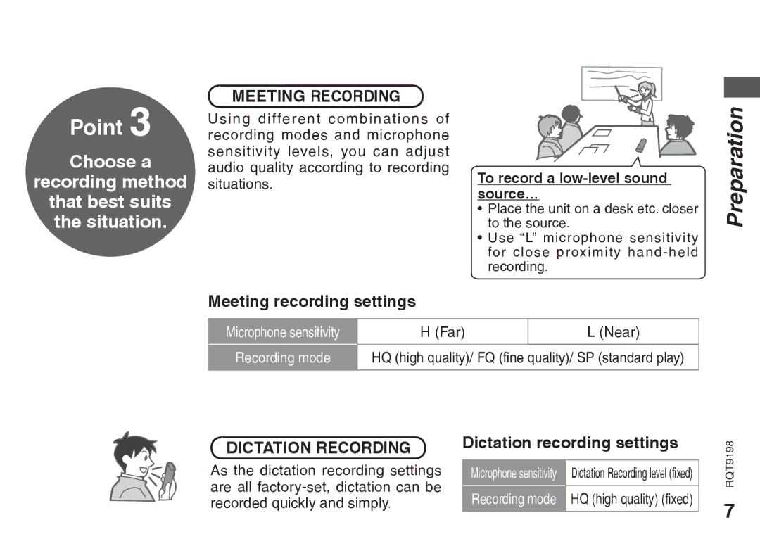 Panasonic RQT9198, RRQR270 Meeting recording settings, Dictation recording settings, To record a low-level sound source… 