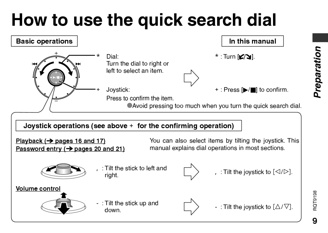 Panasonic RQT9198, RRQR270 warranty How to use the quick search dial, Basic operations This manual, Volume control 