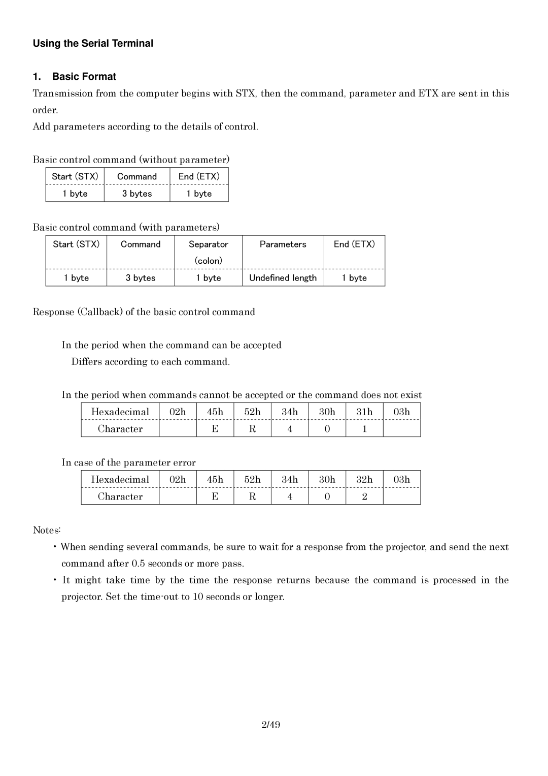 Panasonic RS-232C specifications Using the Serial Terminal Basic Format, Basic control command with parameters 