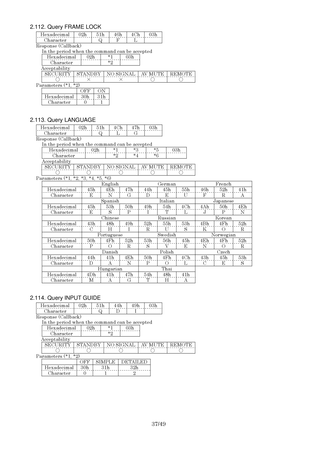 Panasonic RS-232C specifications Query Frame Lock, Query Language, Query Input Guide, 37/49 