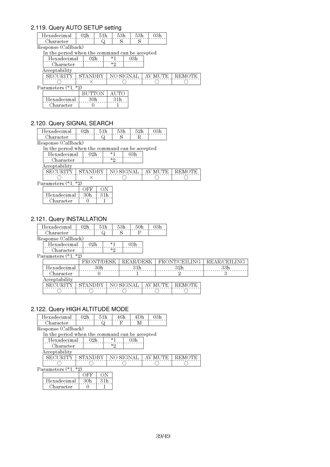 Panasonic RS-232C Query Auto Setup setting, Query Signal Search, Query Installation, Query High Altitude Mode, 39/49 