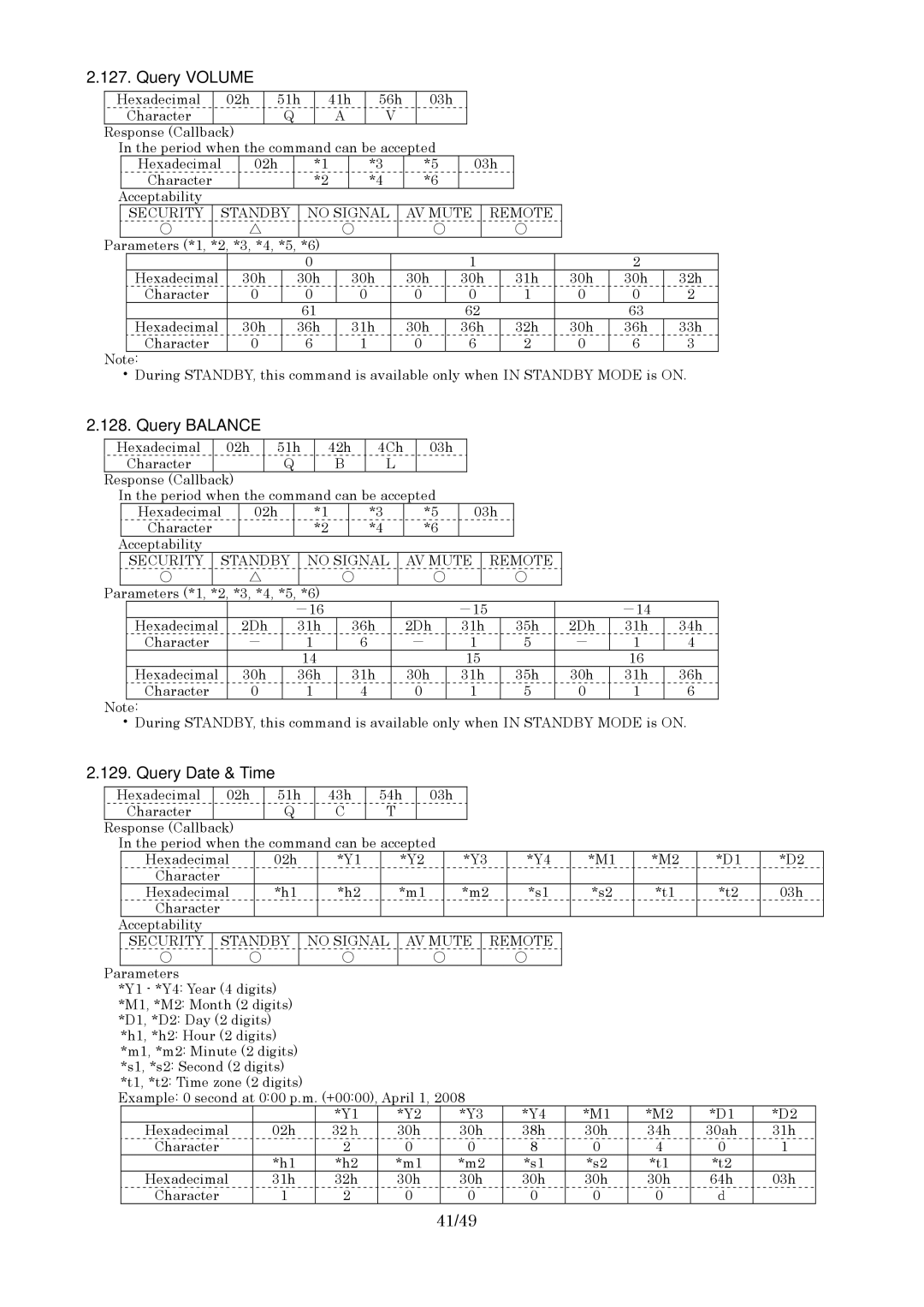 Panasonic RS-232C specifications Query Volume, Query Balance, Query Date & Time, 41/49 