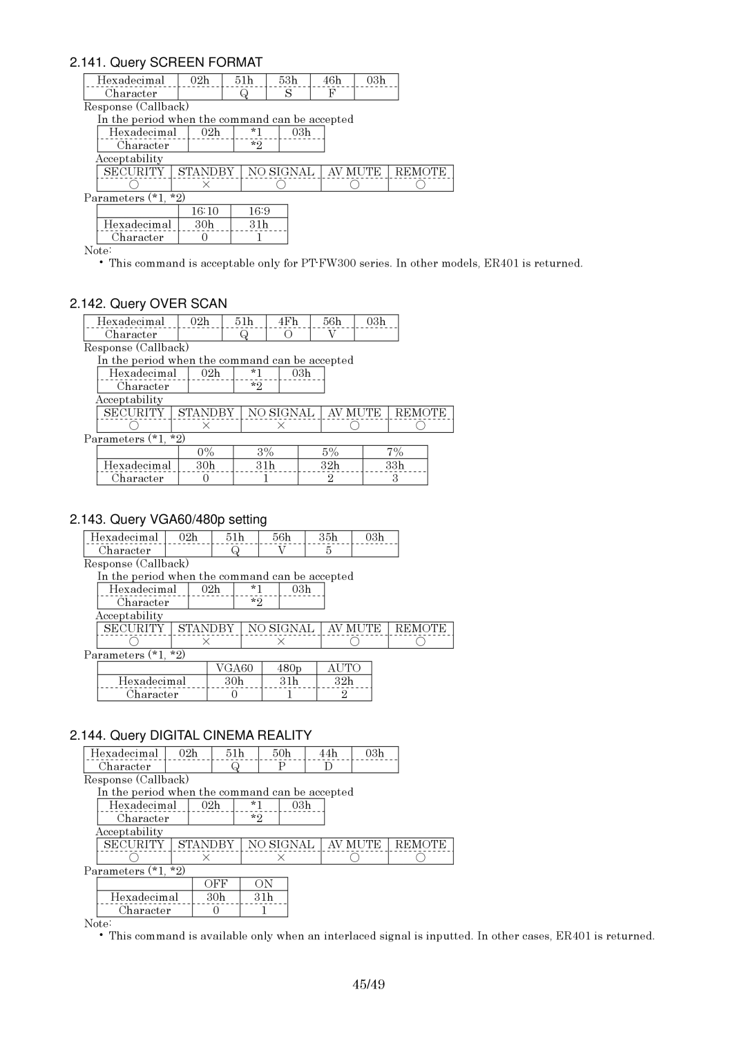 Panasonic RS-232C Query Screen Format, Query Over Scan, Query VGA60/480p setting, Query Digital Cinema Reality, 45/49 