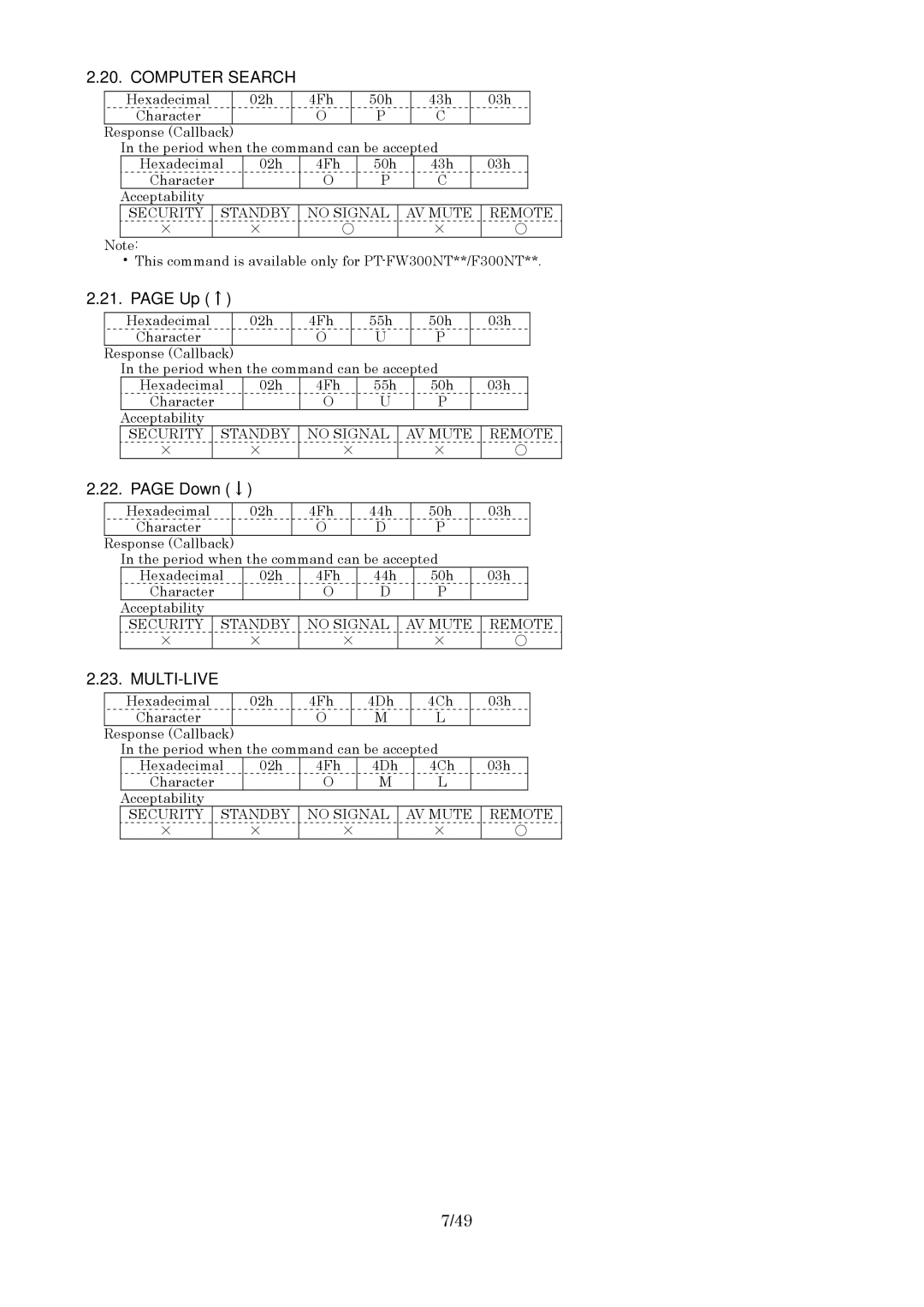 Panasonic RS-232C specifications Computer Search, Up ↑, Down ↓, Multi-Live 