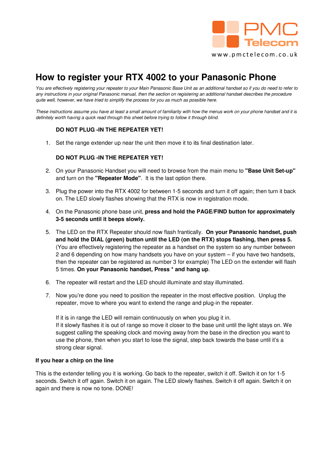 Panasonic manual How to register your RTX 4002 to your Panasonic Phone, If you hear a chirp on the line 